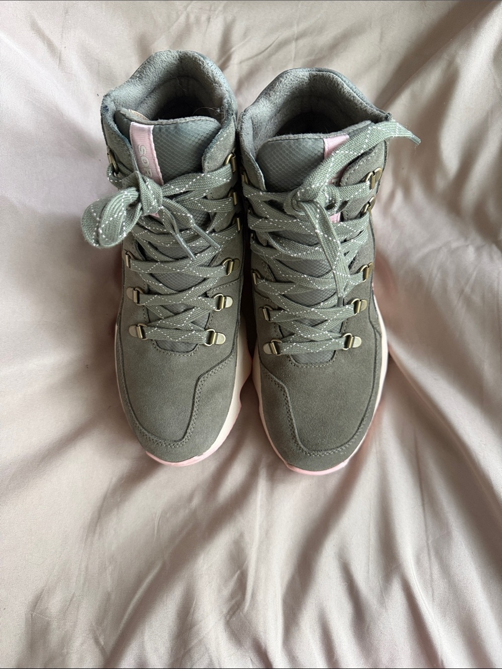 Sorel Olive Green Suede Lace-Up Boots with Pink Accents - Picture 2 of 6